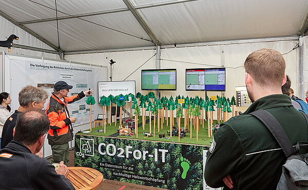 Messestand mit Menschen um einen Modellbau-Wald auf einem Tisch und Monitore